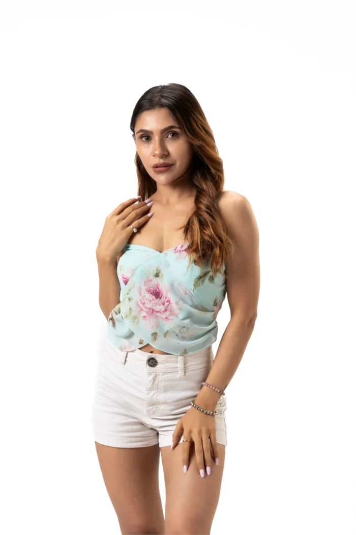 Floral Fantasy Top green crop top with floral print, shoulder straps, and regular fit