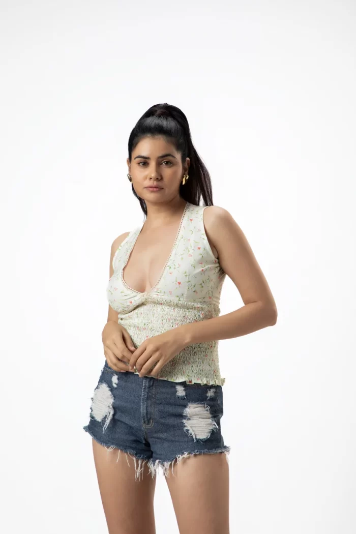V Neck Floral Top lemon yellow blouse with floral print, V-neck design, and lace inserts